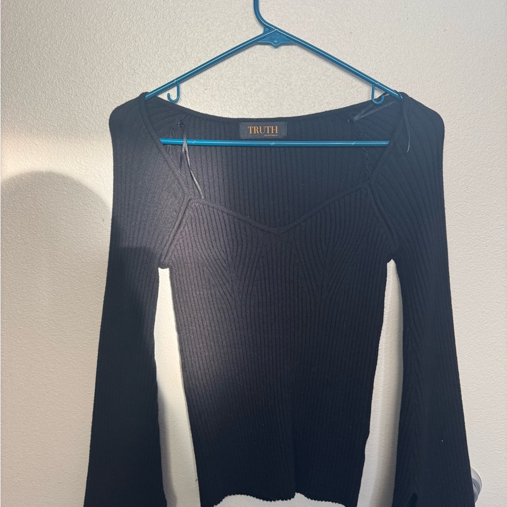 Truth Black Ribbed Bell Sleeve Blouse